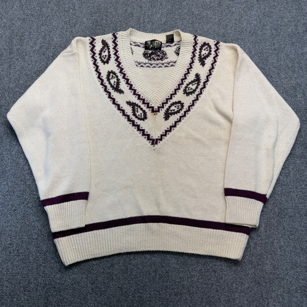 Vintage Fluid Mens Paisley V-Neck Sweater Cream Purple Ramie Cotton Blend M